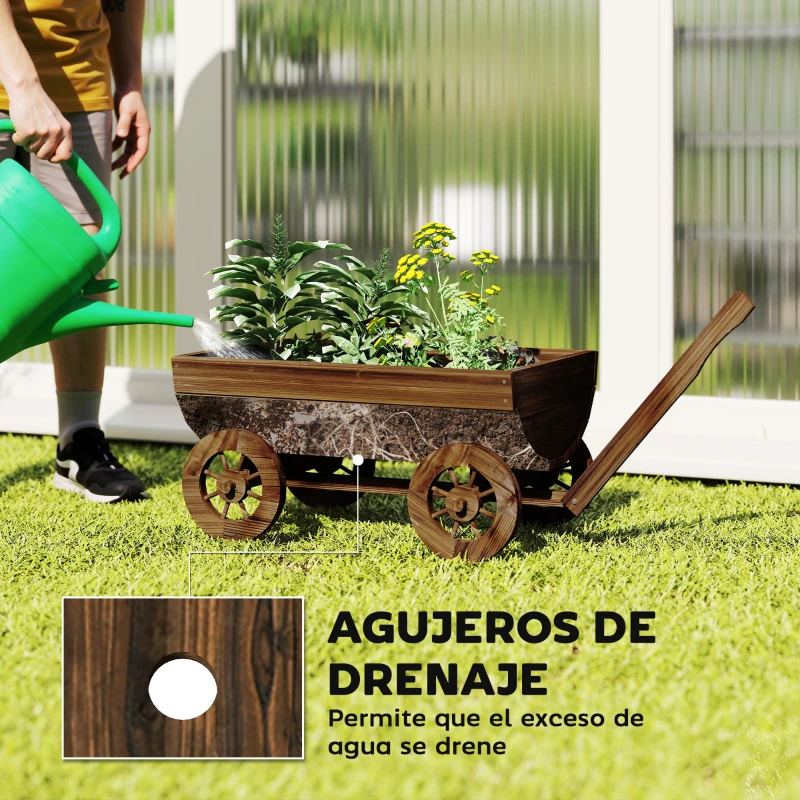 Outsunny Carrito de Madera con 4 Ruedas y Mango Jardinera Exterior con Orificio de Drenaje 115x40x54,5 cm Carbonizado