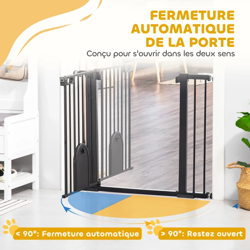 PawHut Barrière de sécurité animaux avec porte fermeture automatique système de double verrouillage, acier noir
