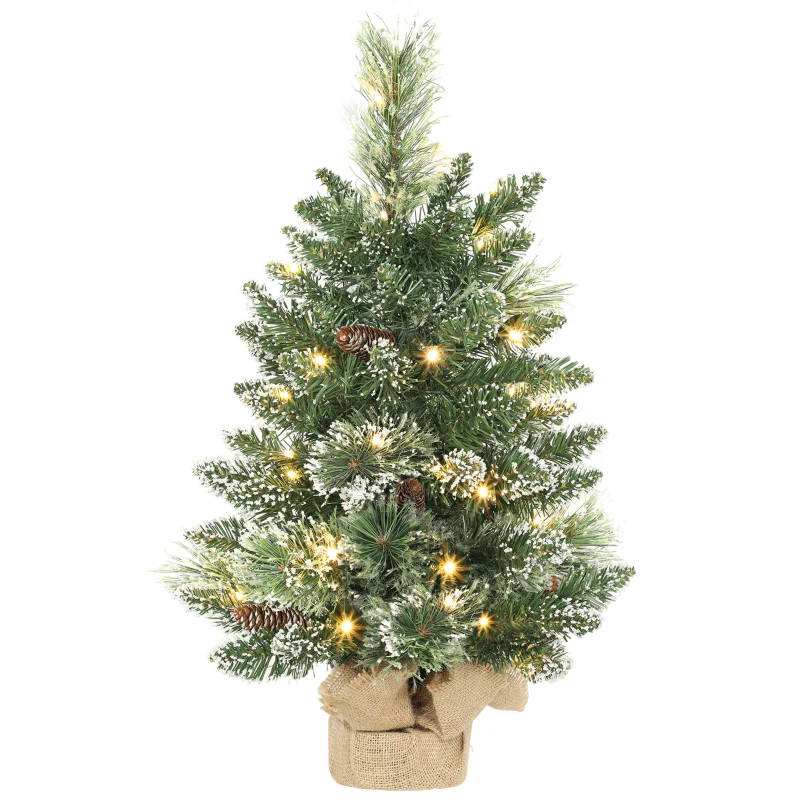 HOMCOM 60 cm Prelit Small Christmas Tree, Snow Flocked Tabletop Mini Xmas Tree with 35 LED Lights, Pine Cones and Linen Cover Base, Battery Operated, Green