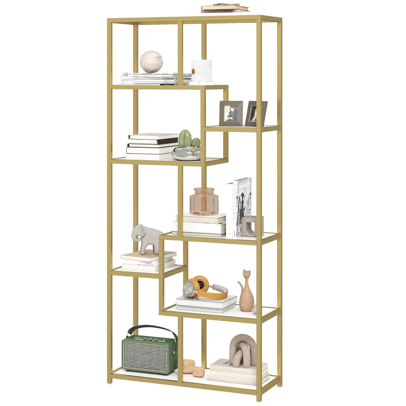 HOMCOM Seven-Tier Geometric Bookcase - White/Gold Tone