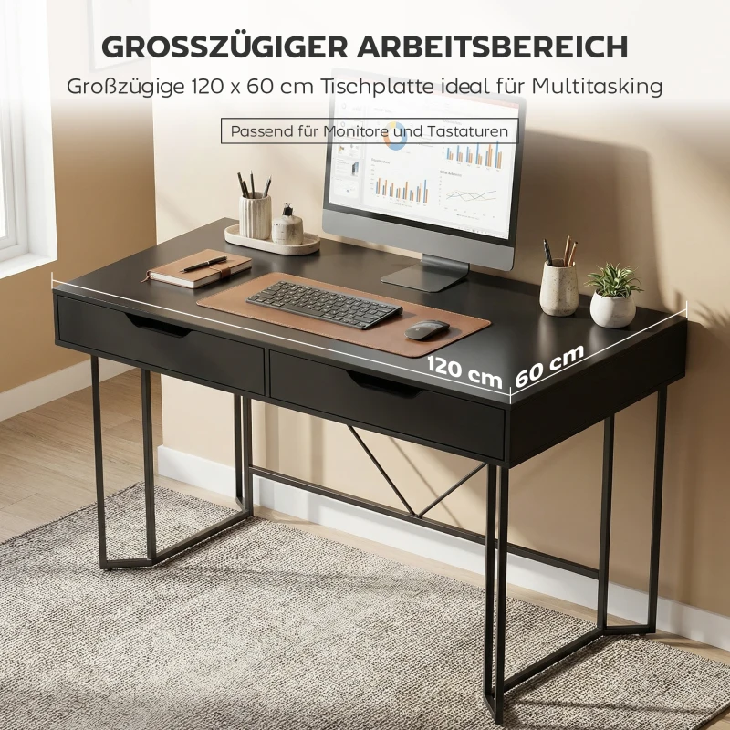 HOMCOM Kleiner Computertisch mit 2 Schubladen, Schreibtisch mit großer Arbeitsfläche 120 x 60 x 77 cm Schwarz