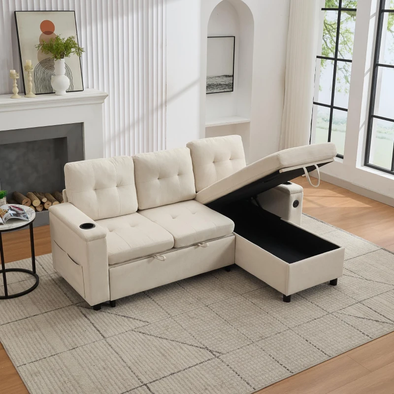 L-Shaped 3-Seater Sofa Bed with Hidden Storage, USB & USB-C Ports, Space-Saving Sofa for Compact Spaces, 208L x 146W x 89.5H cm, Beige