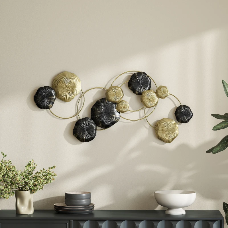 HOMCOM Décoration murale en métal en forme de feuille de lotus, design unique à plusieurs disques, 84 x 35 cm, doré et noir