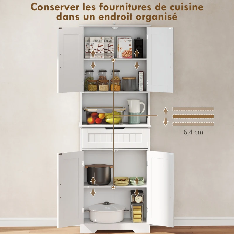 HOMCOM Buffet cuisine, armoire de cuisine avec 4 portes, tiroir, compartiment ouvert et étagères réglables, 60x30x172cm, blanc(m-4)