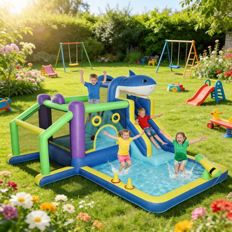 AIYAPLAY Château gonflable 8-in-1 design requin avec souffleur toboggan piscine trampoline pour 3–8 ans 405x345x235cm Multicolore