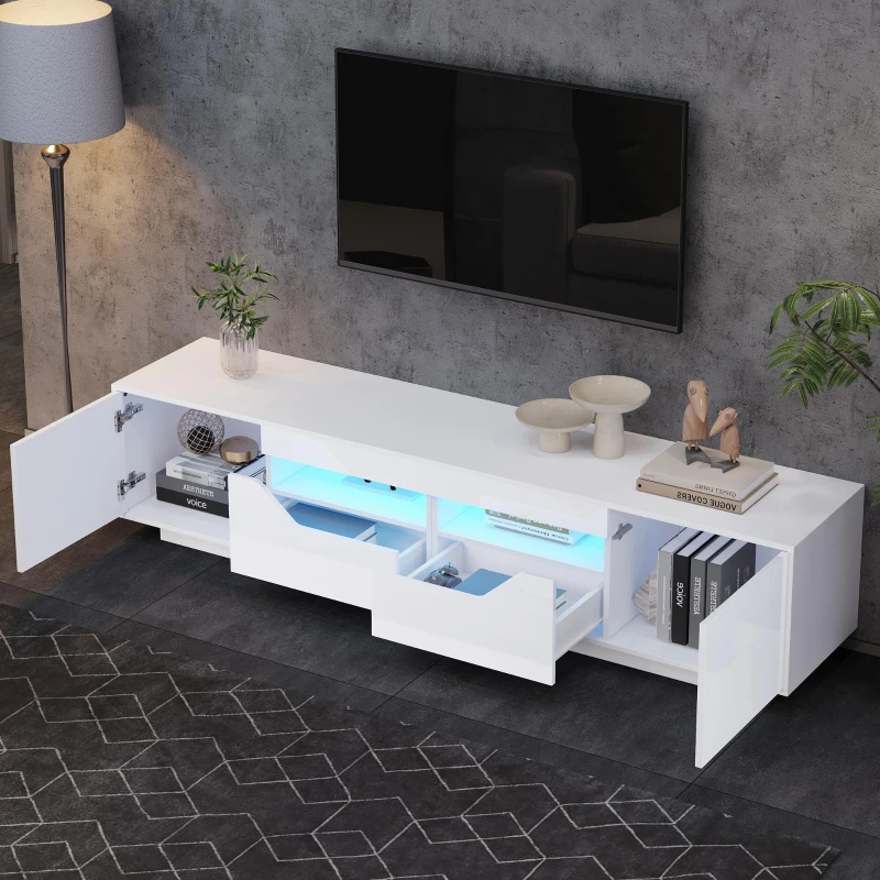 High-Gloss TV Entertainment Centre with App-Controlled LED Lighting, Modern TV Stand with Multi-Zone Storage, 180L x 40W x 45H cm, White
