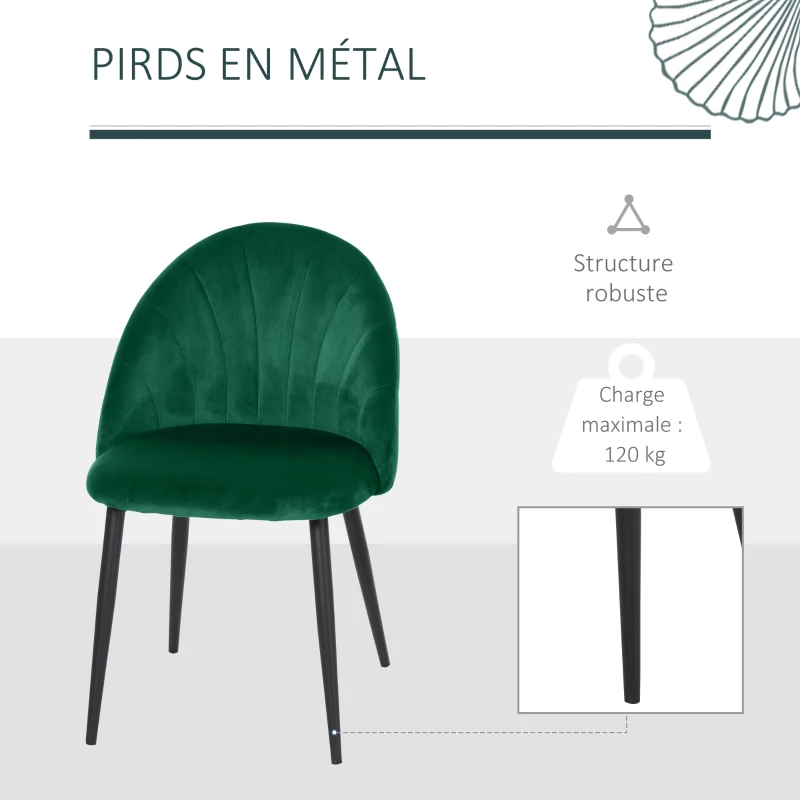 HOMCOM Lot de 2 chaises de Salle à Manger Chaise de Cuisine Velours Pieds métal vert dim. 52L x 54l x 79H cm(m-6)