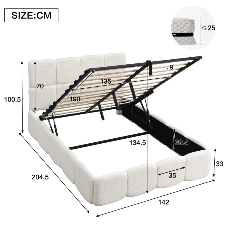 Plush Boucle Bed with Hydraulic Storage and Raised Headboard, Durable Frame with Slats, Self-Assembly, 204.5L x 142W x 100.5H cm, Beige
