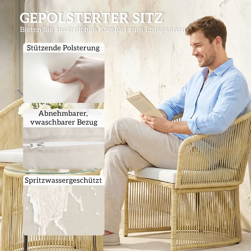 Outsunny Rattan-Bistro-Set, 3-teiliges Gartenmöbel-Set mit rundem Glastisch, Sesseln und Kissen, Cremeweiß