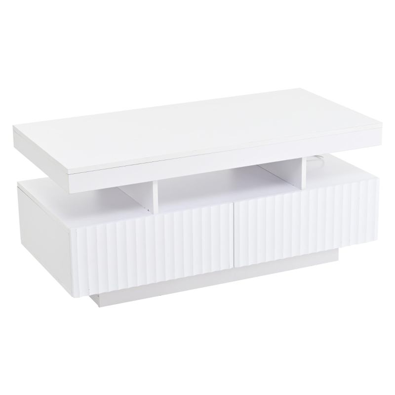 Modern Coffee Table with App-Controlled LED and Two Ribbed Drawers, Sleek Unit with Open Display Shelf, 100L x 50W x 45H cm, White
