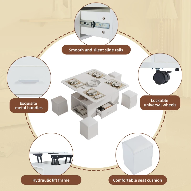 Modern Lift-Top Coffee Table with Hydraulic Lift and Hidden Storage, Versatile Unit with 4 Stools and Drawer, 100L x 50W x 45H cm, White
