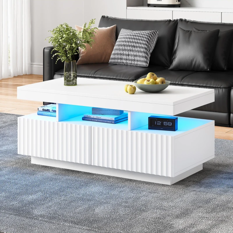 Modern Coffee Table with App-Controlled LED and Two Ribbed Drawers, Sleek Unit with Open Display Shelf, 100L x 50W x 45H cm, White
