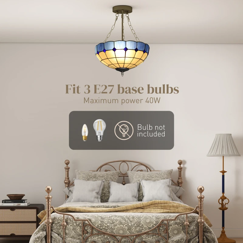 HOMCOM Tiffany Style Ceiling Light, Vintage Chandelier with 3 E27 Sockets, Semi Flush Mount for Living Room, Bulbs Not Included