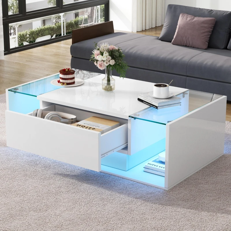 High-Gloss Coffee Table with a Drawer and Semi-Open Storage, Modern Centre Table for Living Room and Office, 100L x 50W x 31H cm, White
