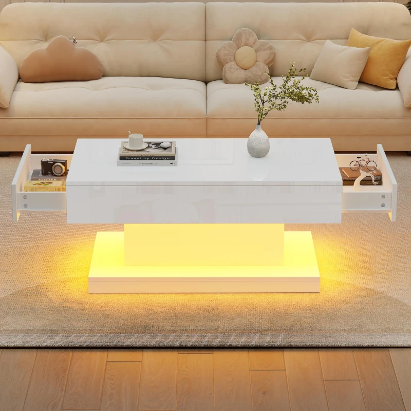 T-shaped Coffee Table with 2 Drawers and App-Controlled LED Strip, High-Gloss Centre Table for Living Room, 100L x 50W x 45H cm, White