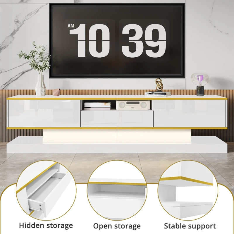Modern LED TV Cabinet with High-Gloss Finish and Metallic Trim, Spacious Unit with Open Compartment, 180L x 38W x 45H cm, White
