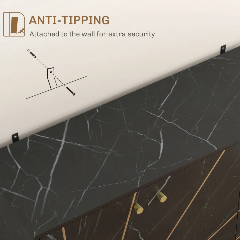 HOMCOM Sideboard Storage Cabinet, Modern Storage Cupboard with Adjustable Shelves and Metal Legs for Living Room, Kitchen, Dining Room, Entryway, Black Marble Tone