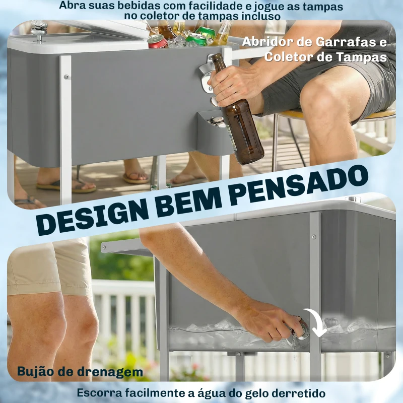 Outsunny Carro Térmico de 56L com Rodas Prateleira Abre Garrafas Coletor de Tampas Dreno e Pega para Jardim Festas 84x38x83 cm Cinzento