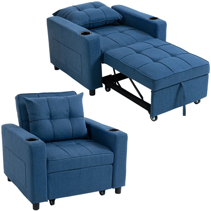 HOMCOM 3-in-1 Single Sofa Bed, Convertible Sleeper Chair Bed - Dark Blue
