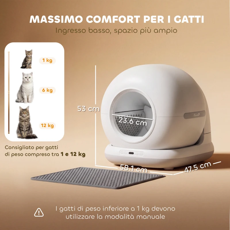 PawHut Lettiera Autopulente con Telecamera HD, Contenitore da 7L e Sensori, in PP e ABS, 58x47x53 cm, Bianco e Grigio