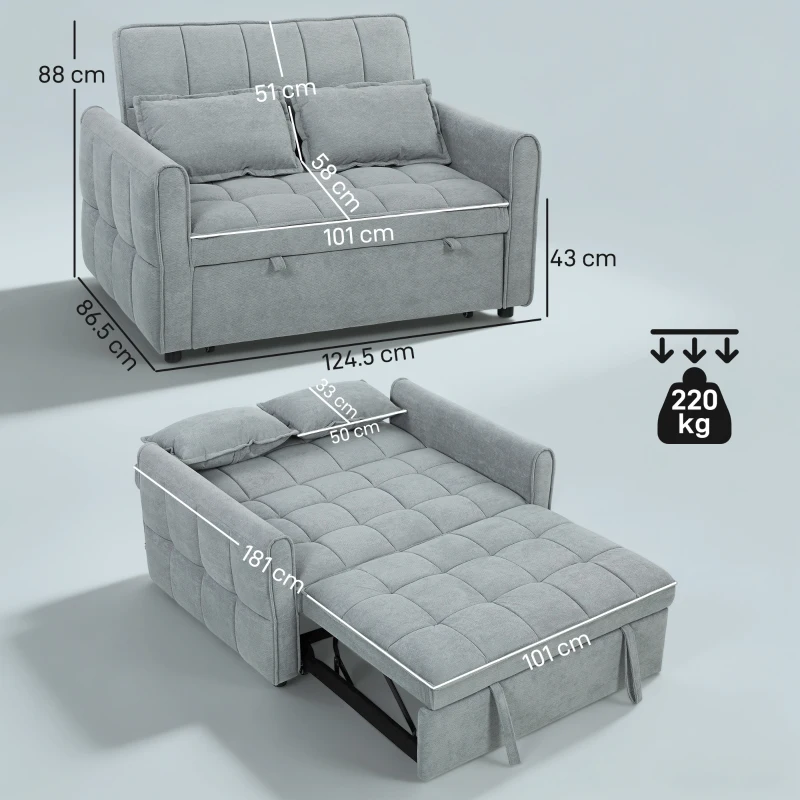 HOMCOM 2 Seater Sofa Bed, 3-in-1 Convertible Sleeper Sofa with Click-clack Adjustable Backrest and 2 Pillows, Grey