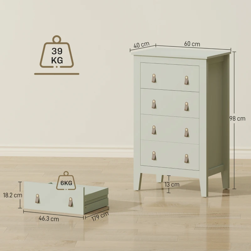 HOMCOM Bedroom Chest of Drawers, Modern 4 Drawer Dresser Cabinet with PU Leather Handles and Metal Runners for Living Room, Hallway, Entryway, 60 x 40 x 98 cm, Green