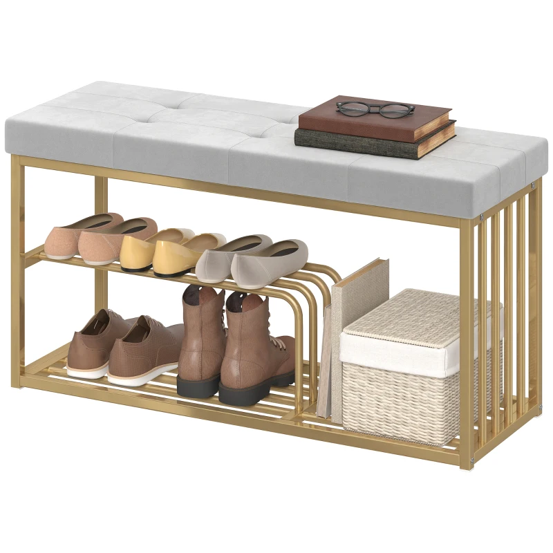 HOMCOM Bench and Shoe Storage, Tufted Shoe Storage Bench with Velvet Seat Cushion Gold Steel Frame for Entryway, Grey