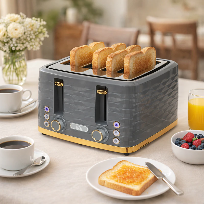 HOMCOM Toaster für 4 Scheiben mit 7 Bräunungsstufen, High-Lift, Aufwärm-/Auftau-/Abbruchs-Funktion, Graue Wellenoptik