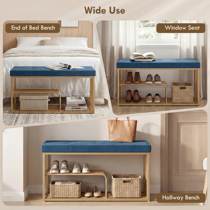 HOMCOM Bench and Shoe Storage, Tufted Shoe Storage Bench with Velvet Seat Cushion Gold Steel Frame for Entryway, Dark Blue