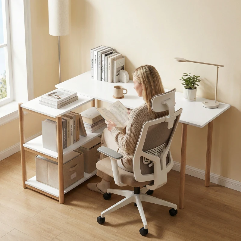 HOMCOM Computer Desk with Storage Shelves Modern Writing Desk Bamboo Frame for Home Office 150 cm White and Oak