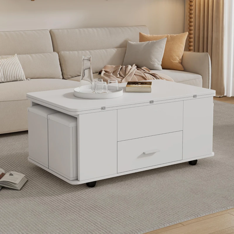 Modern Lift-Top Coffee Table with Hydraulic Lift and Hidden Storage, Versatile Unit with 4 Stools and Drawer, 100L x 50W x 45H cm, White