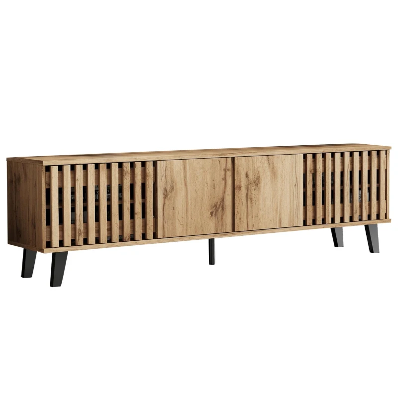 Modern Vintage TV Stand with Sturdy Five-Legged Support, Spacious Unit with 4 Openwork Doors and 9 Shelves, 180L x 40W x 55H cm, Wood