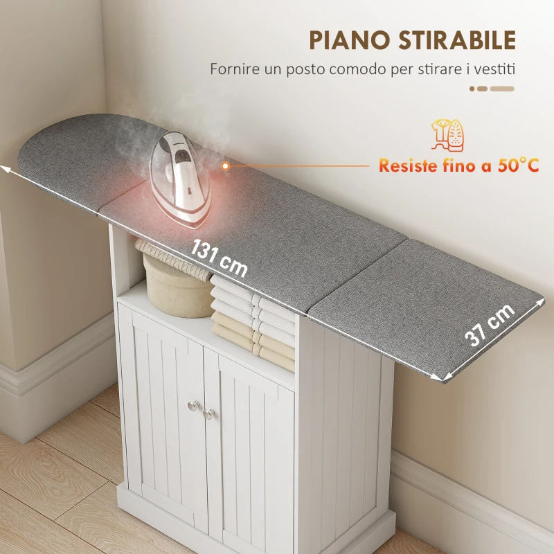 HOMCOM Mobile da Stiro con Asse da Stiro Pieghevole e Armadietto, 131x37x88.5 cm, Bianco