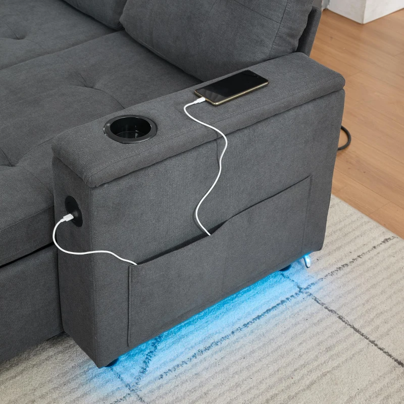 L-Shaped 3-Seater Sofa Bed with Hidden Storage, App-Controlled LED Light, Pull-Out Sofa for Compact Areas, 208L x 146W x 89.5H cm, Grey