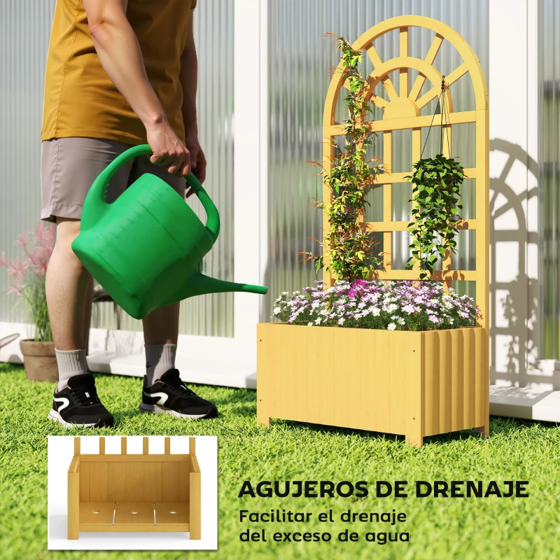 Outsunny Jardinera con Enrejado de Madera con Drenaje para Cultivos Verduras Flores Hierbas 60x30x120 cm Natural