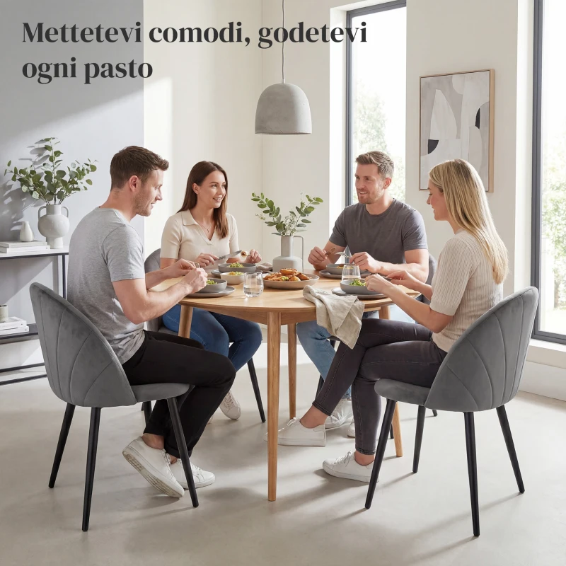 HOMCOM Set da 2 Sedie da Pranzo in Velluto Imbottite con Schienale a Conchiglia e Gambe in Metallo, Grigio