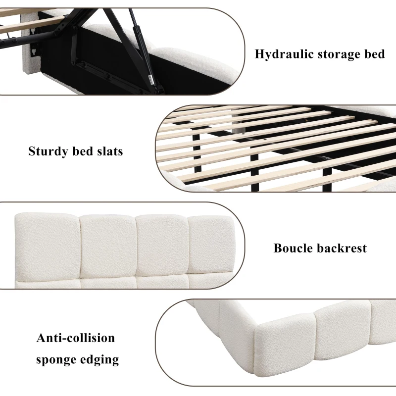 Plush Boucle Bed with Hydraulic Storage and Raised Headboard, Durable Frame with Slats, Self-Assembly, 204.5L x 142W x 100.5H cm, Beige