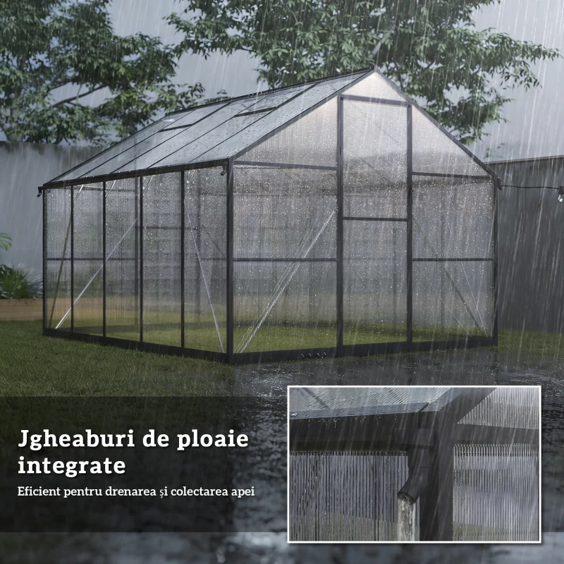 Outsunny Seră pentru grădină din policarbonat și aluminiu cu ușă batantă și 2 ferestre reglabile, 304x247x205 cm, negru