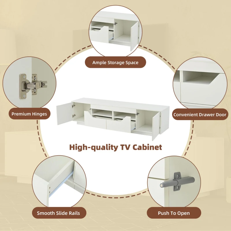 High-Gloss TV Entertainment Centre with App-Controlled LED Lighting, Modern TV Stand with Multi-Zone Storage, 180L x 40W x 45H cm, White
