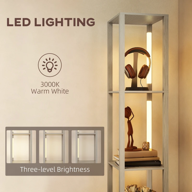 HOMCOM Floor Lamp with Shelves, LED Column Modern Standing Lamp with Fabric Drawer, Adjustable Brightness, Foot Switch for Living Room, Bedroom, Office, Oak