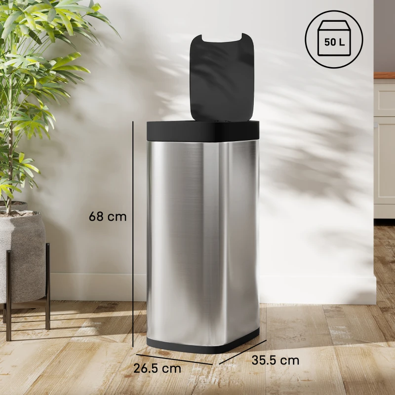 HOMCOM 50L Sensor Bin, Automatic Kitchen Bin, Manual Override, Battery Operated, Inner-Bucket-Free, for Kitchen, Bedroom