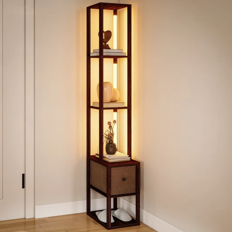 HOMCOM Floor Lamp with Shelves, LED Column Modern Standing Lamp with Fabric Drawer, Adjustable Brightness, Foot Switch for Living Room, Bedroom, Office, Dark Brown