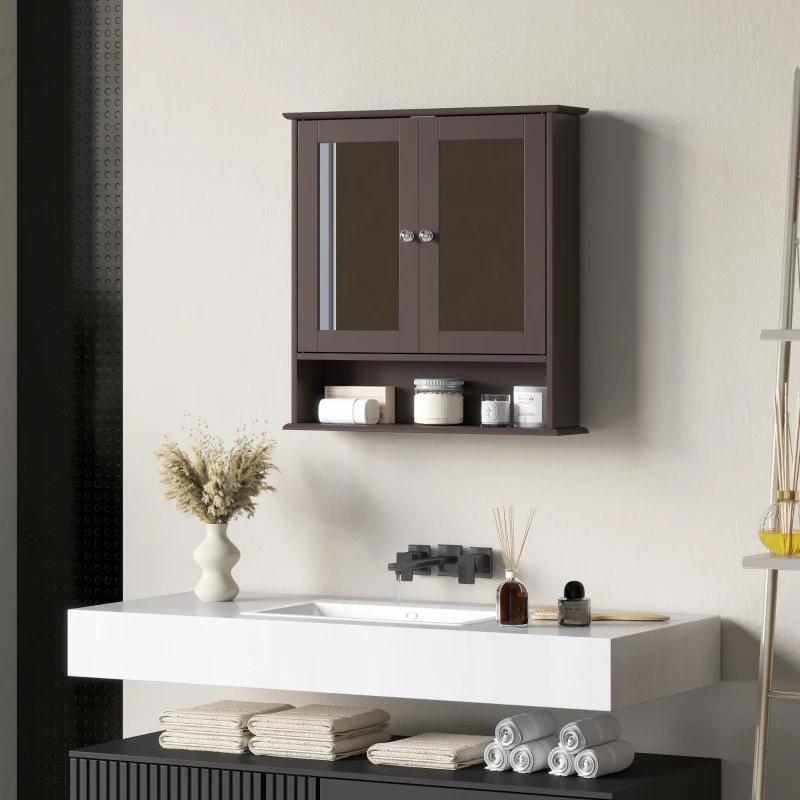 kleankin Armario de Baño con Espejo Armario de Pared con 2 Puertas Estante Abierto Estante Ajustable 56x13x58cm Marrón Oscuro