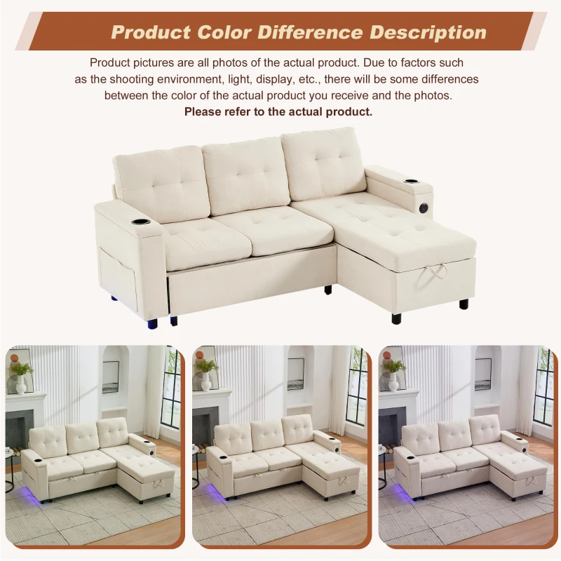 L-Shaped 3-Seater Sofa Bed with Hidden Storage, USB & USB-C Ports, Space-Saving Sofa for Compact Spaces, 208L x 146W x 89.5H cm, Beige