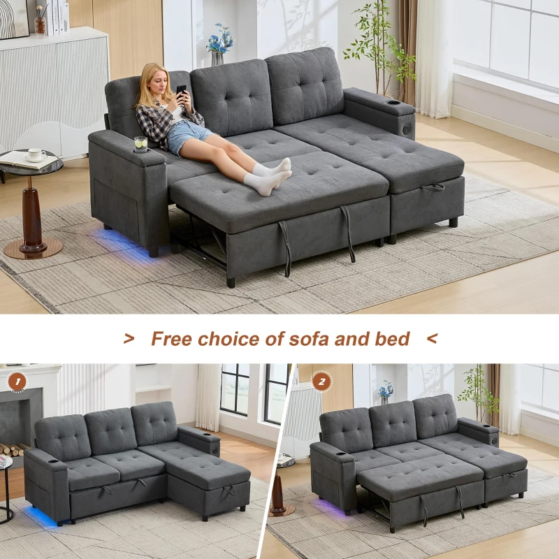 L-Shaped 3-Seater Sofa Bed with Hidden Storage, App-Controlled LED Light, Pull-Out Sofa for Compact Areas, 208L x 146W x 89.5H cm, Grey