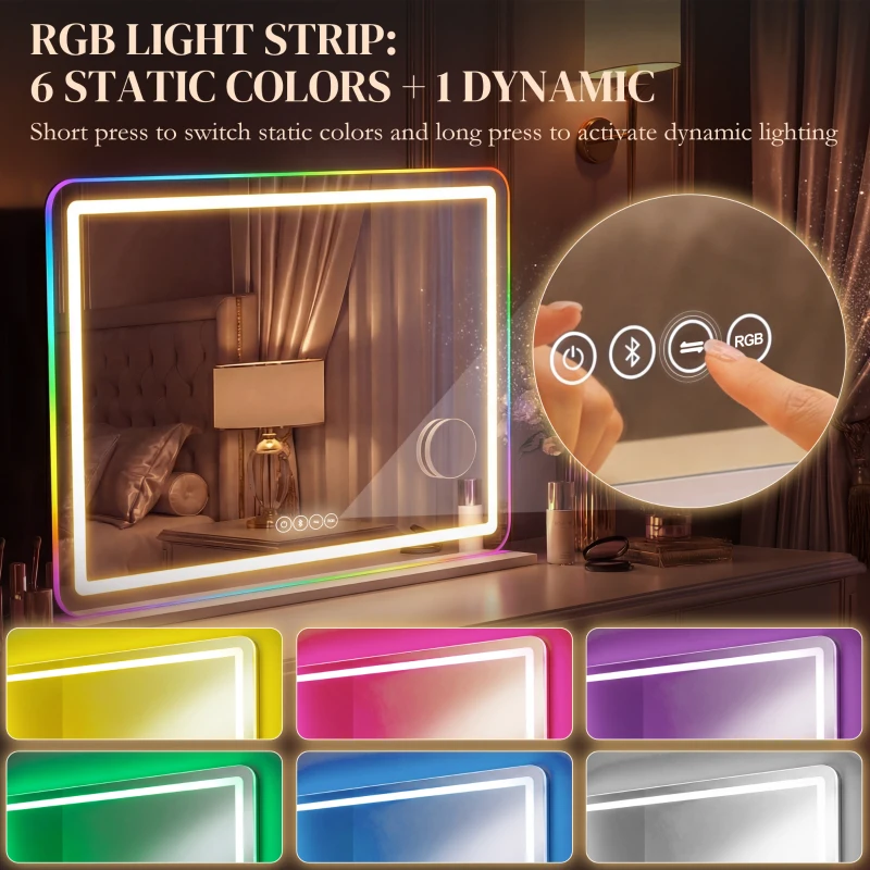 HOMCOM Vanity Mirror with Lights, Dimmable Makeup Mirror with Adjustable Colour Temperature, RGB Light, Bluetooth Speaker White