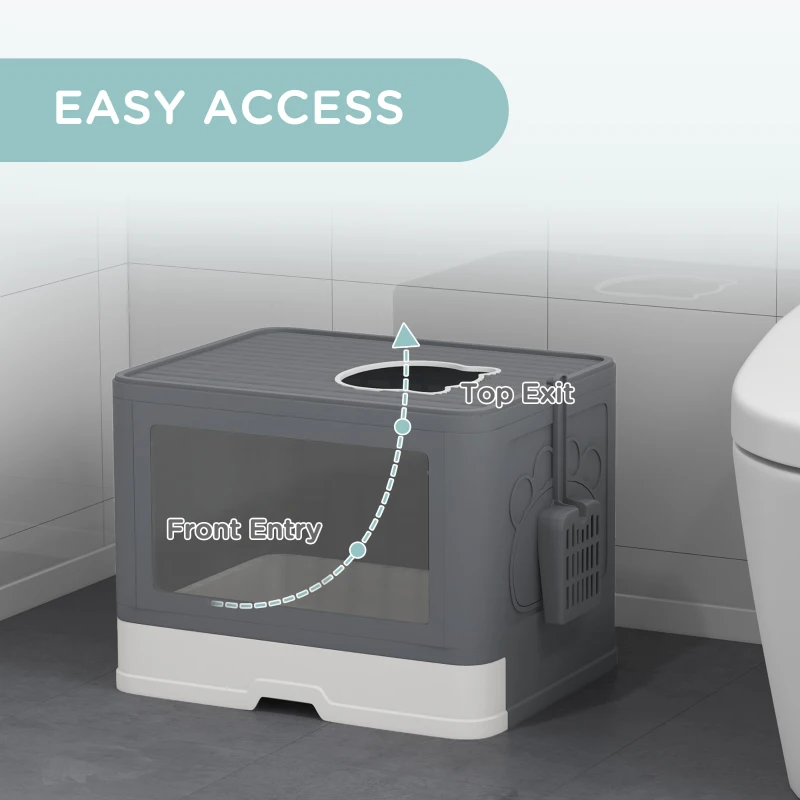 PawHut Kuweta dla Kota Kuweta dla Kota z Pokrywą, 2 Wyjścia, 48,5 x 38 x 36,5 cm, Szary + Biały