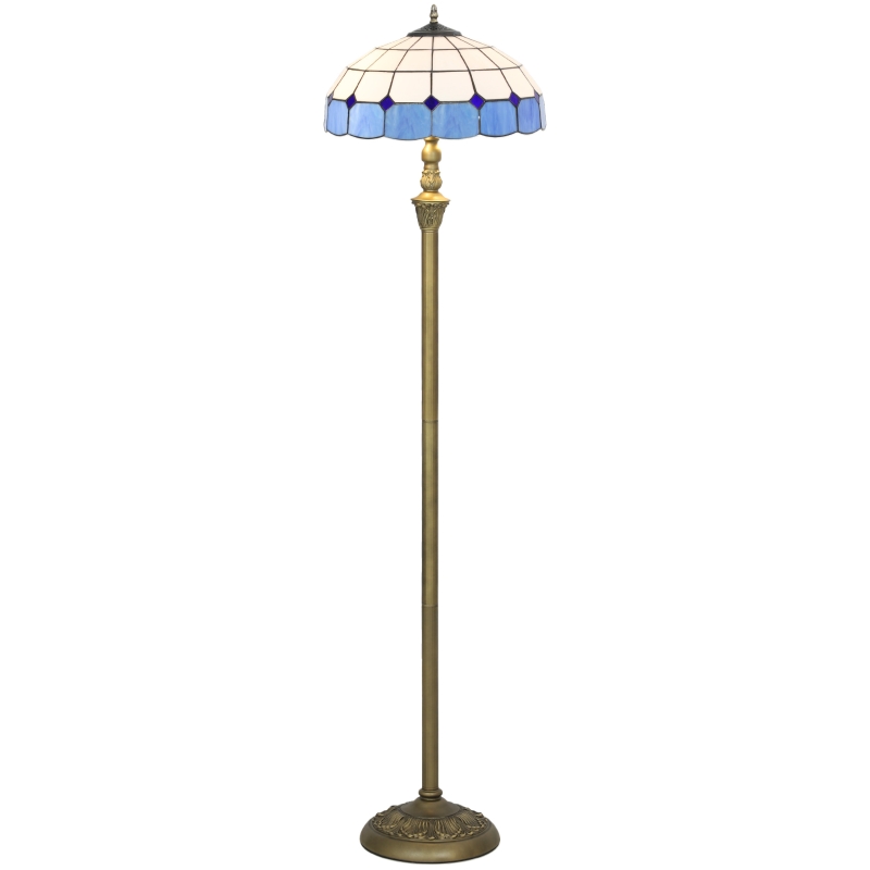HOMCOM Tiffany-Style Floor Lamp with Handcrafted Stained Glass Shade, 152cm Tall Vintage Standing Lamp with Foot Switch and Dual Sockets for Living Room Bedroom, Bronze Tone and Blue