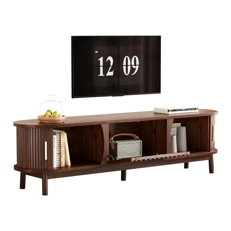 Retro MDF TV Stand with Sliding Wood-Slat Doors, Sturdy Unit with 3 Compartments for 65-Inch TV, 165L x 39.5W x 46H cm, Dark Oak