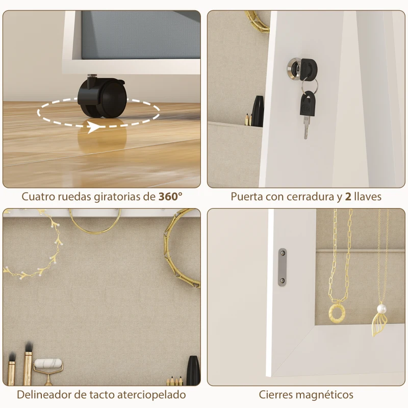 HOMCOM Espejo Joyero con Luces LED Interior Ruedas Giratorio de 360° Estantes Abiertos Cajones de Tela Blanco